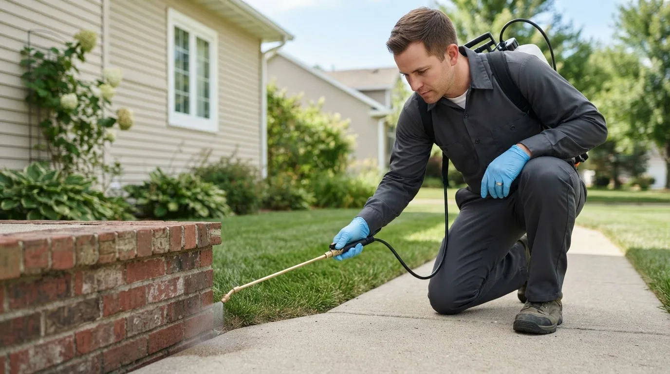 Pest control technician treating a home near Checotah, OK