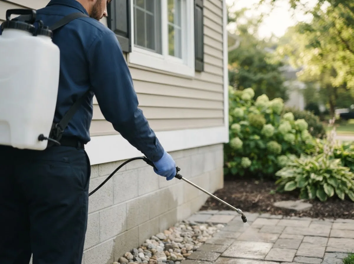 Pest control technician inspecting a home in Checotah, OK